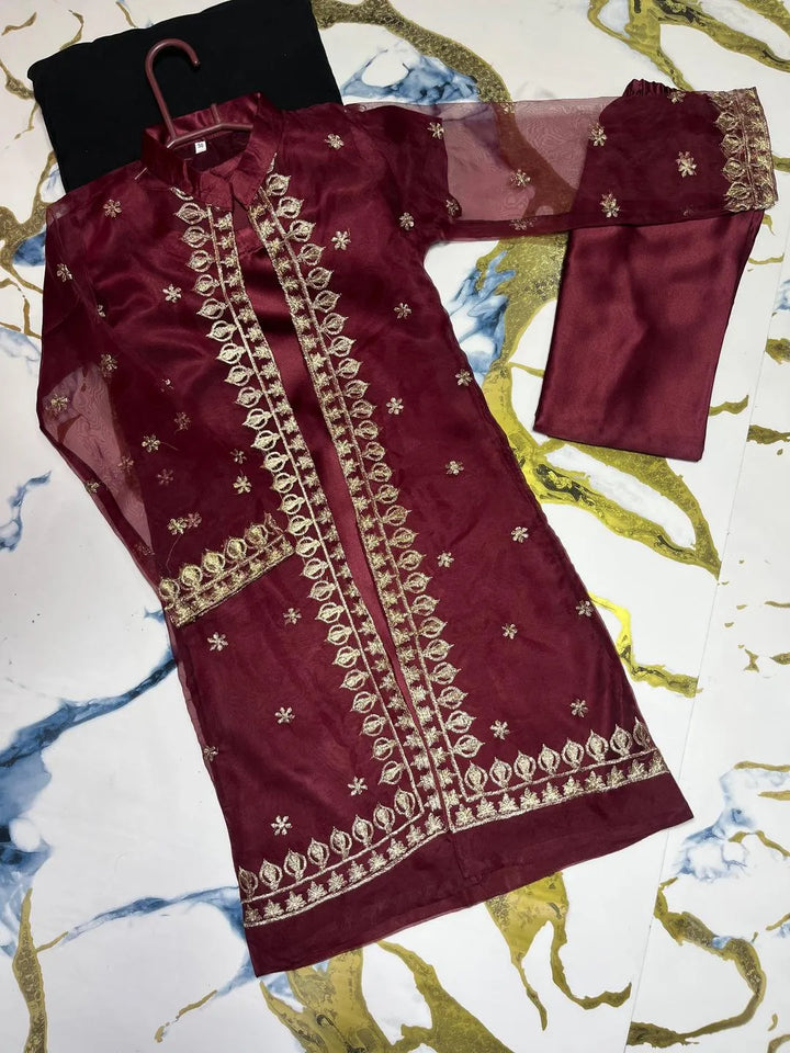 2 Pcs Girl's Shamoz Silk Embroidered Shirt And Shalwar Suit