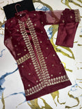 2 Pcs Girl's Shamoz Silk Embroidered Shirt And Shalwar Suit